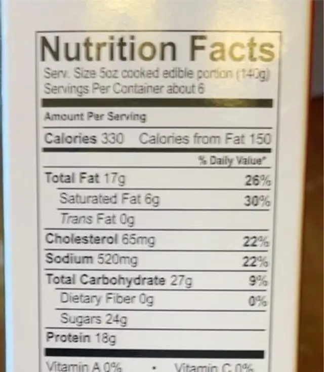 Pre cut BBQ Pork Ribs nutrition facts table