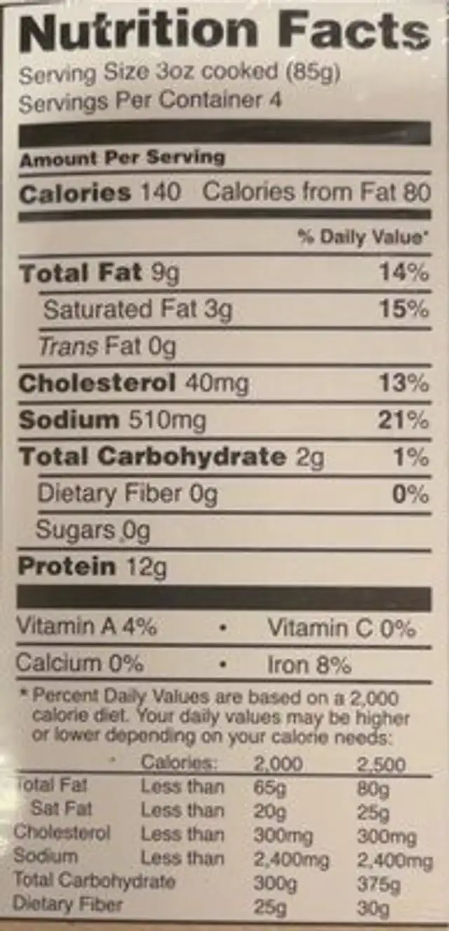 Barbacoa Braised Shredded Beef nutrition facts table