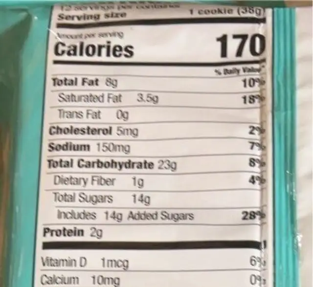Chocolate chip nutrition facts table