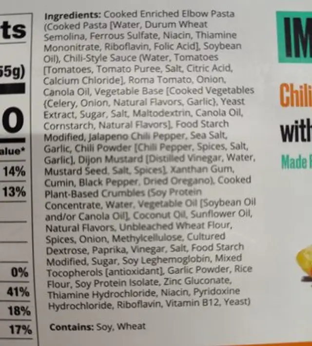 Chili Mac with impossible pork ingredients label