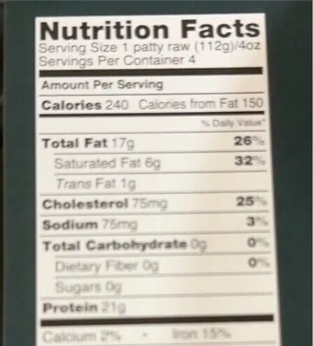 Organic Ground Beef Patties nutrition facts table