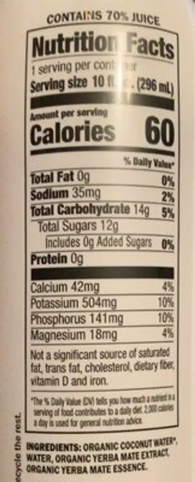 Yerba Mate nutrition facts table