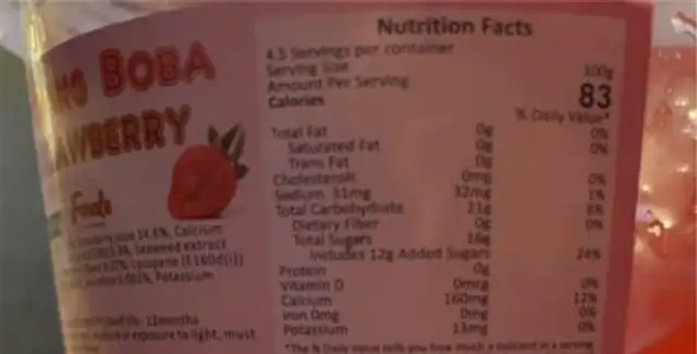 Popping boba strawberry nutrition facts table