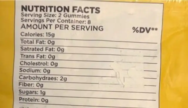 Pineapple Gummies nutrition facts table