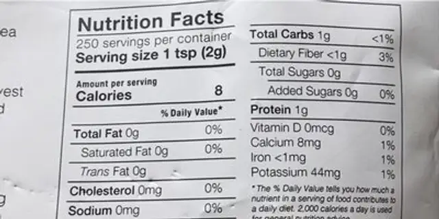 Pure Organic Matcha nutrition facts table