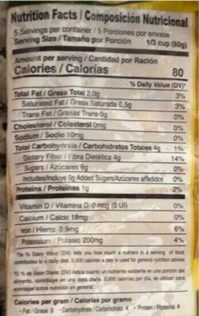 Maracuya nutrition facts table