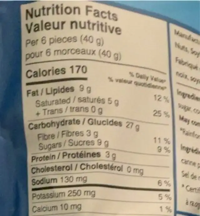 Dark chocolate + sea salt nutrition facts table