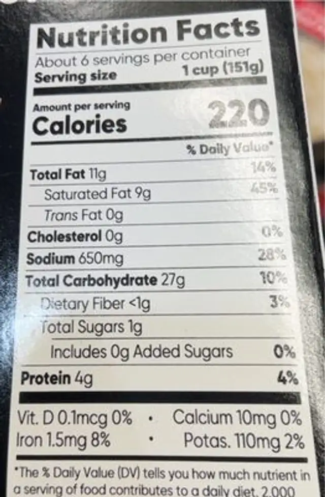 Mac N Cheeze nutrition facts table