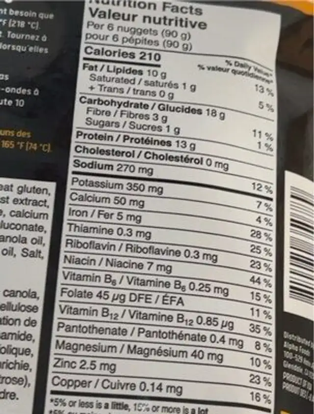Meatless nuggets nutrition facts table