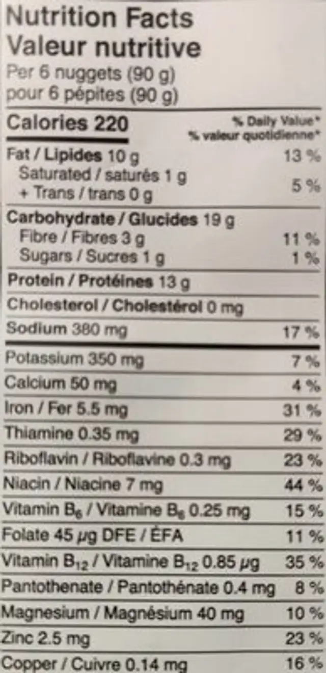 Nuggets plant-based spicy nutrition facts table