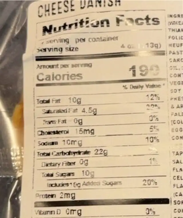 Cheese Danish nutrition facts table