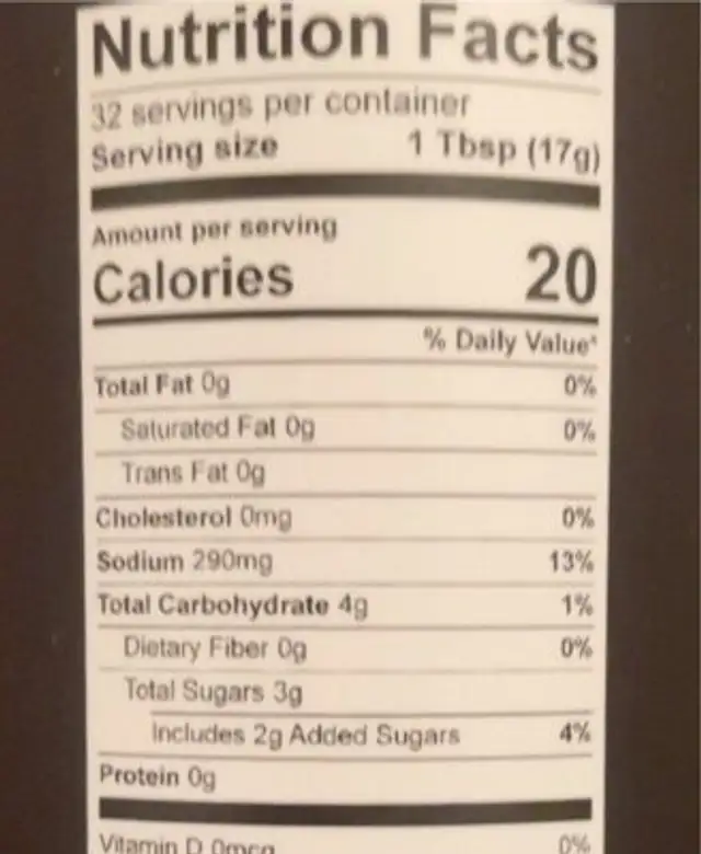 Elis BBQ Southern Tang Wing Sauce nutrition facts table