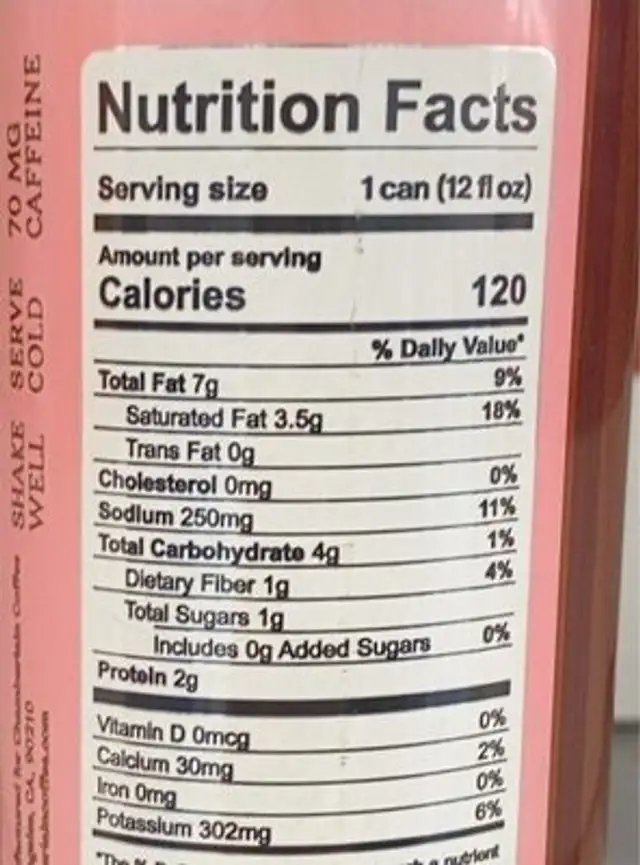 Vanilla late nutrition facts table