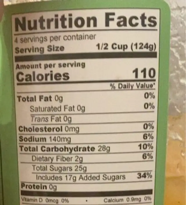 Chunky Applesause with Cinnamon nutrition facts table