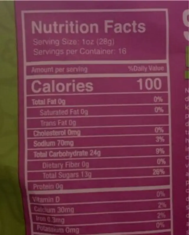 Dried Kiwi Slices nutrition facts table