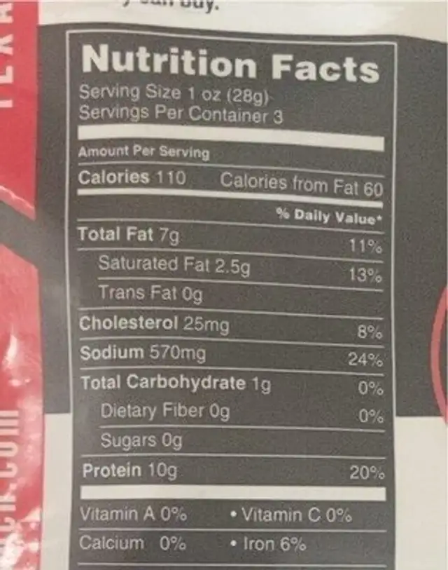 R-C Ranch Wagyu beef jerky- Texas Original nutrition facts table