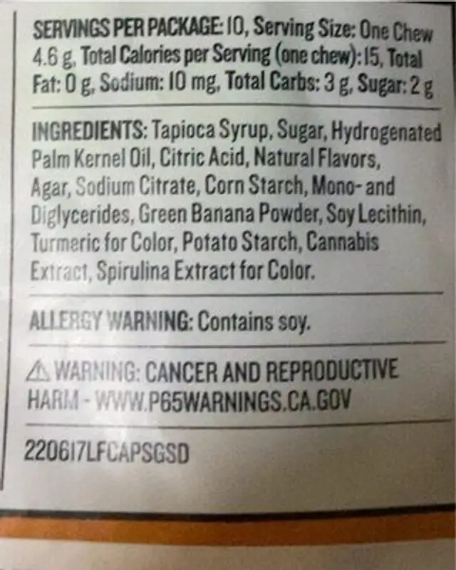 FRUIT CHEWS (Sour Grape) nutrition facts table