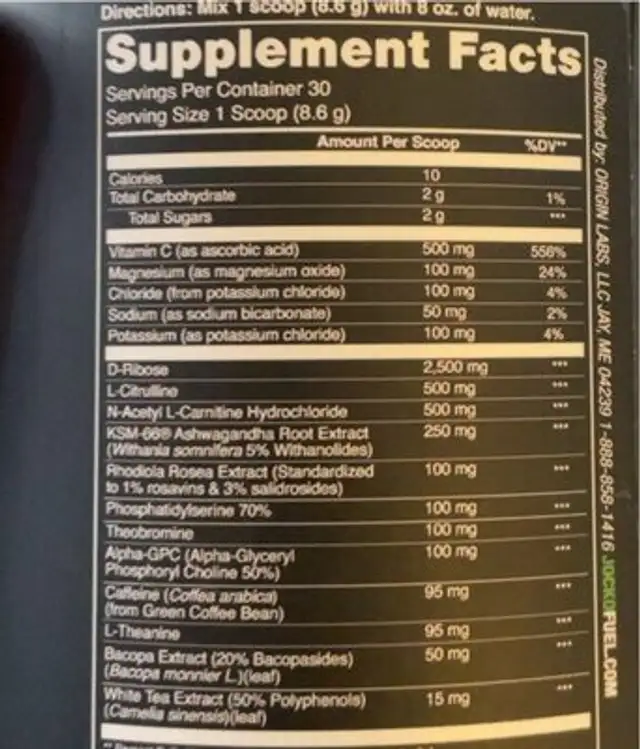 Pre-workout nutrition facts table