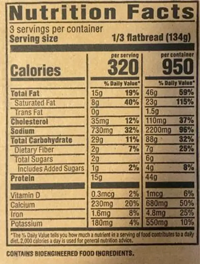 Fiesta Flatbread nutrition facts table