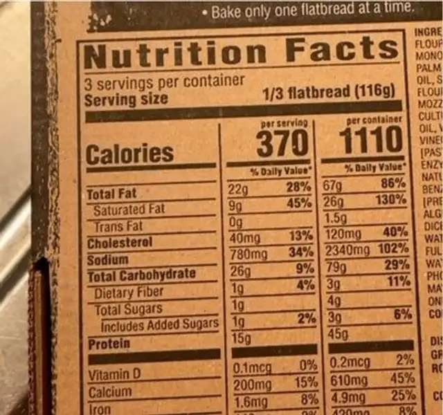 Chicken Bacon Ranch Flatbread nutrition facts table