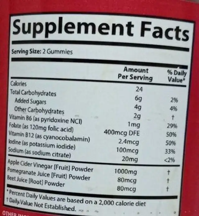 Apple Cider Vinegar Gummies nutrition facts table
