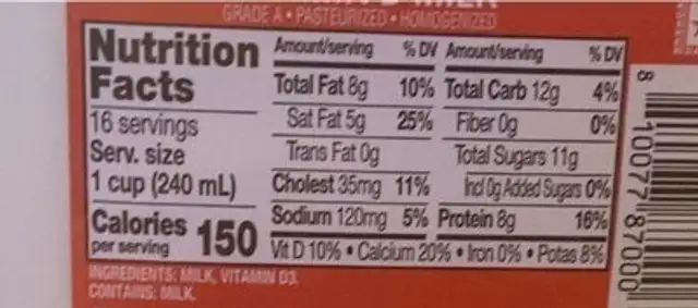 Vitamin D Milk nutrition facts table