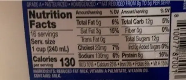 2% Reduced fat milk nutrition facts table