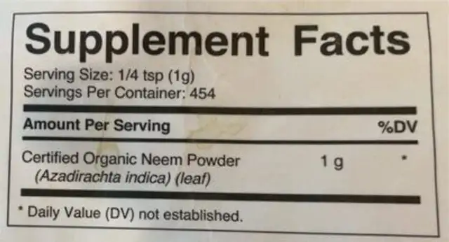 Organic Neem Powder nutrition facts table