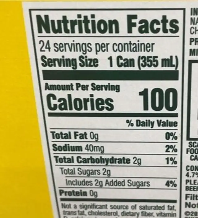 Hard Seltzer nutrition facts table
