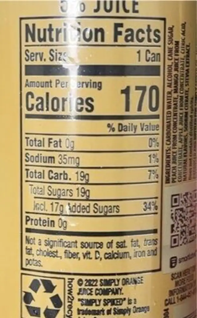 Simply Spiked Mango Peach nutrition facts table