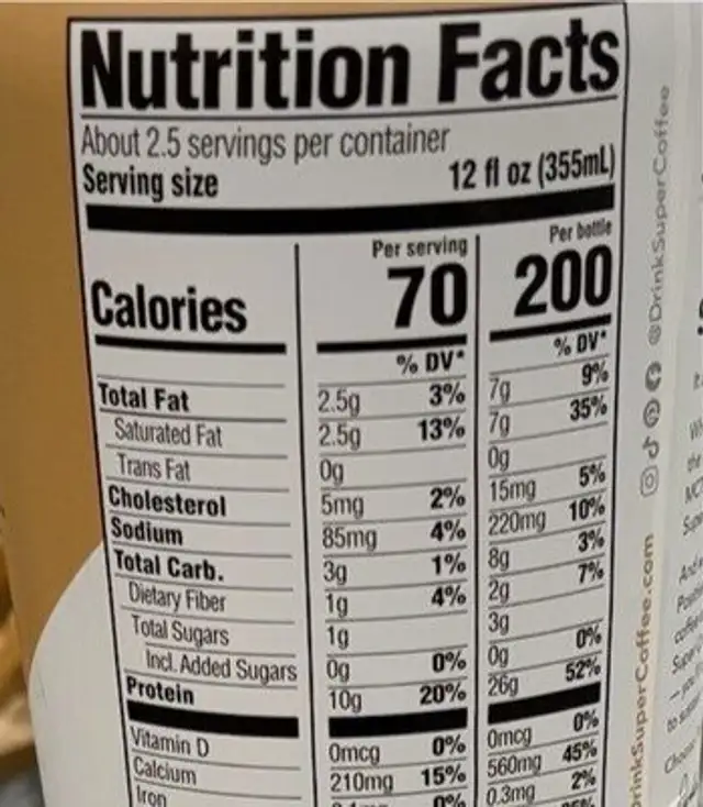 Vanilla Latte nutrition facts table