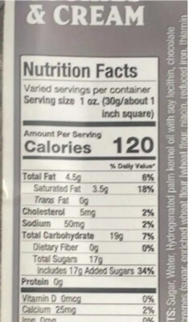 Cookie & Cream handmade fudge nutrition facts table