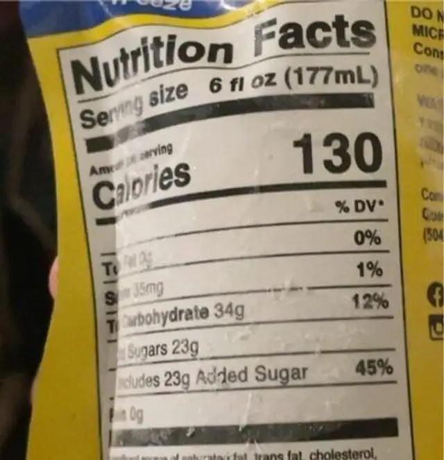 Slush Puppie nutrition facts table