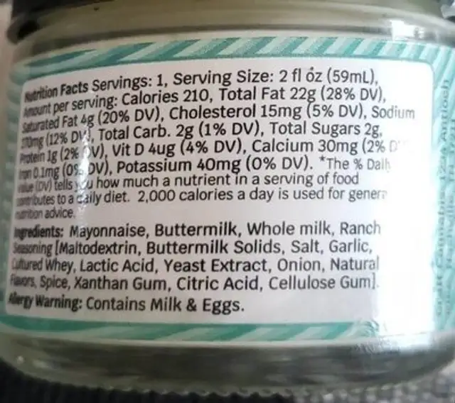Culinary Sauces Ranch nutrition facts table