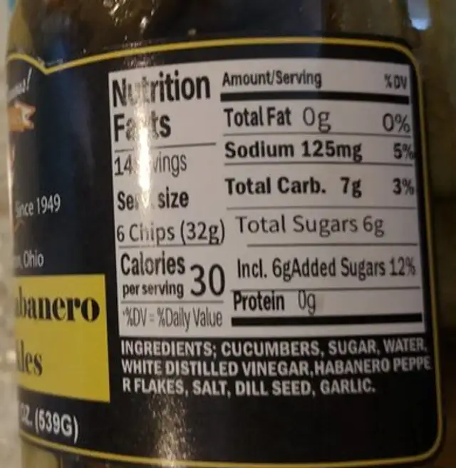 Sweet Habanero Pickles nutrition facts table