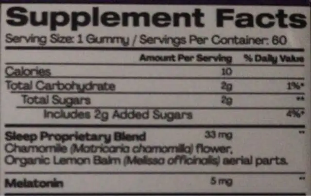 sleep well nutrition facts table
