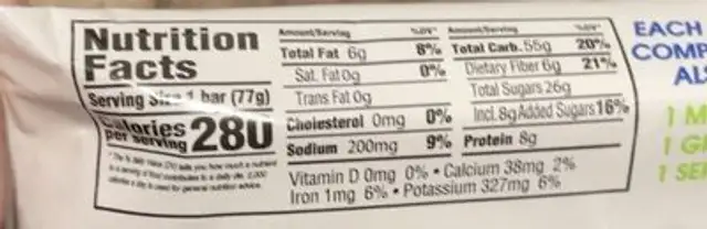 Blueberry Granola Meal Bar nutrition facts table