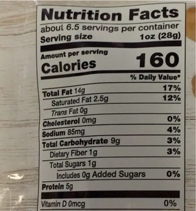 All natural Cashews nutrition facts table