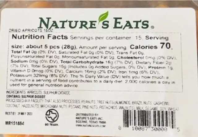 Dried Apricots nutrition facts table