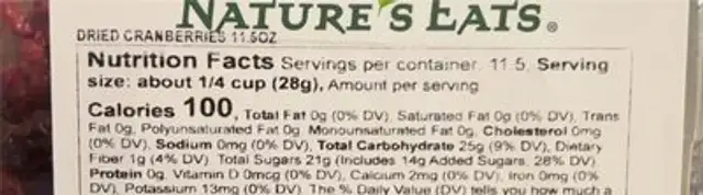 Dried cranberries nutrition facts table