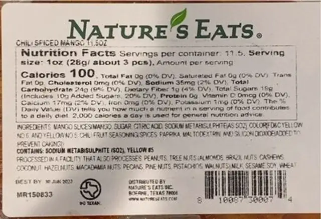 Chili Spiced Mango nutrition facts table