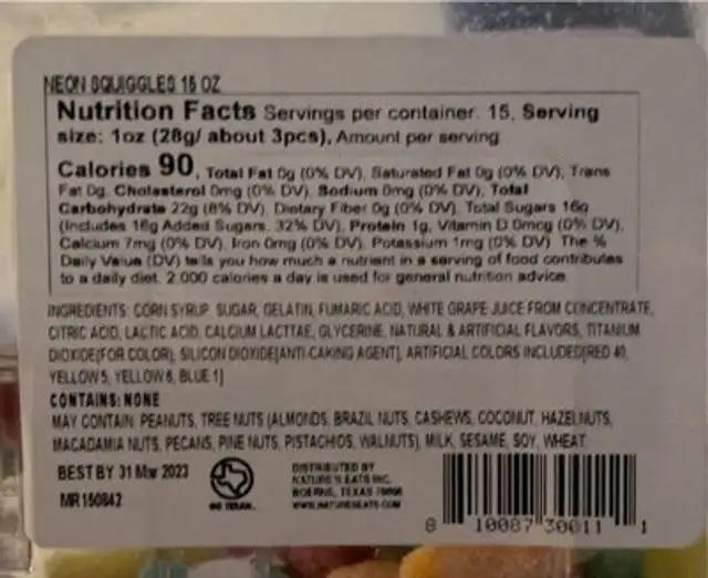 Simple Sweets Neon Squiggles nutrition facts table
