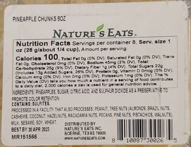 Pineapple Chunks nutrition facts table
