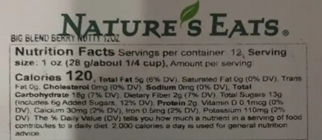 Trail mix nutrition facts table