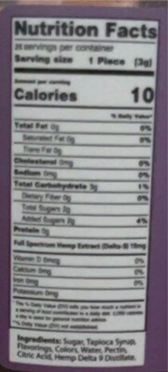 Live Resin Vegan Gummies nutrition facts table