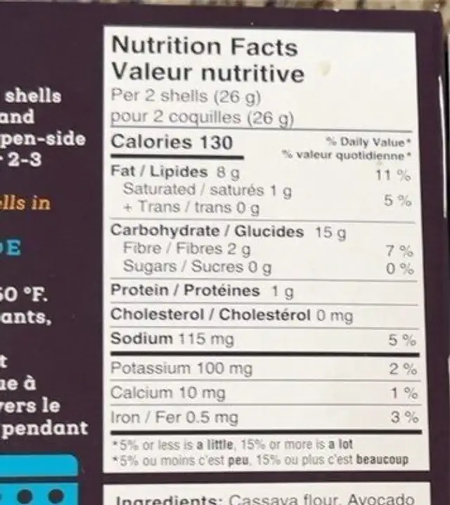 Grain free taco shells nutrition facts table