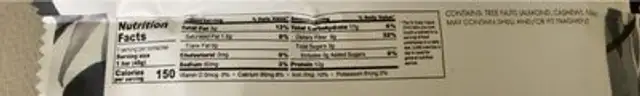 Detox Bar nutrition facts table
