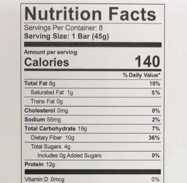 Energy bar nutrition facts table