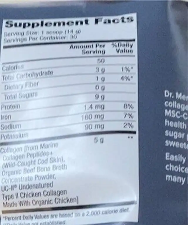 Collagen complex nutrition facts table