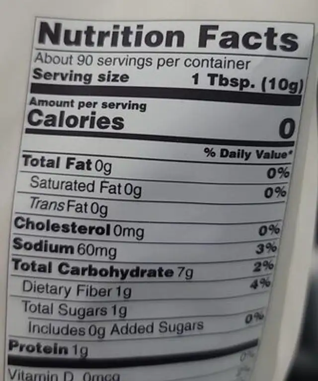 Whole Stalk Celery Powder nutrition facts table